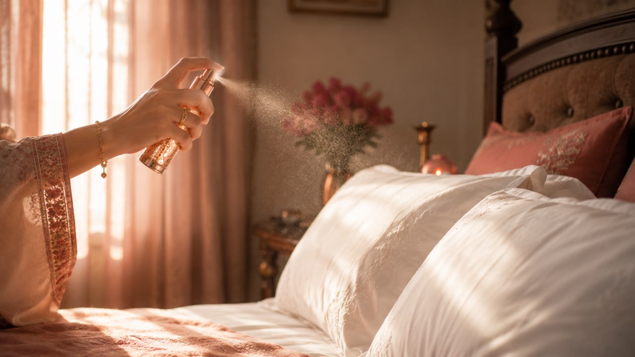 A hand sprinkling rose water from a copper bottle onto white pillows